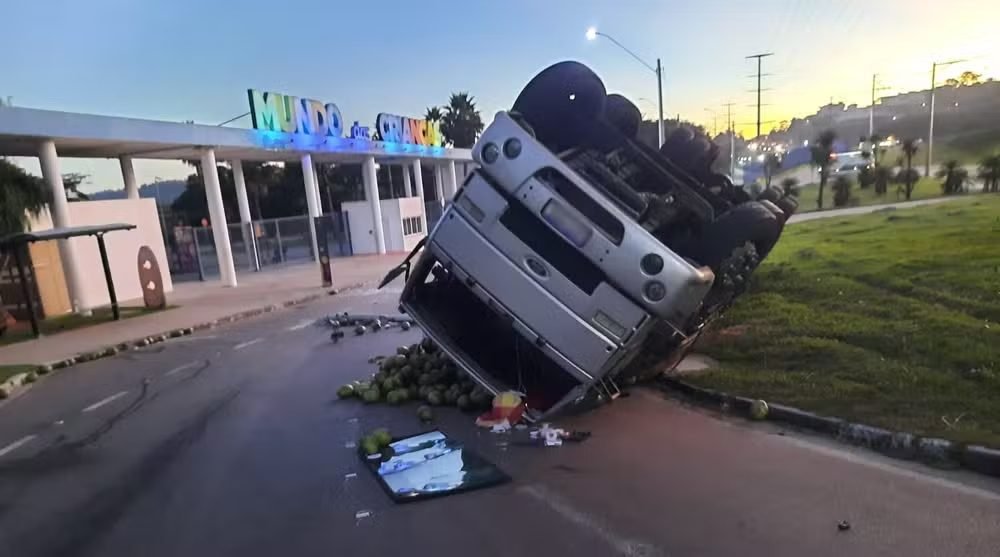 Caminhão carregado de cocos tomba e derruba poste